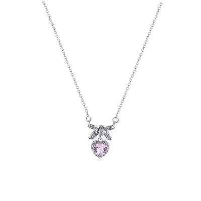 Pink Crystal Heart Bow Tie Pendant Necklace