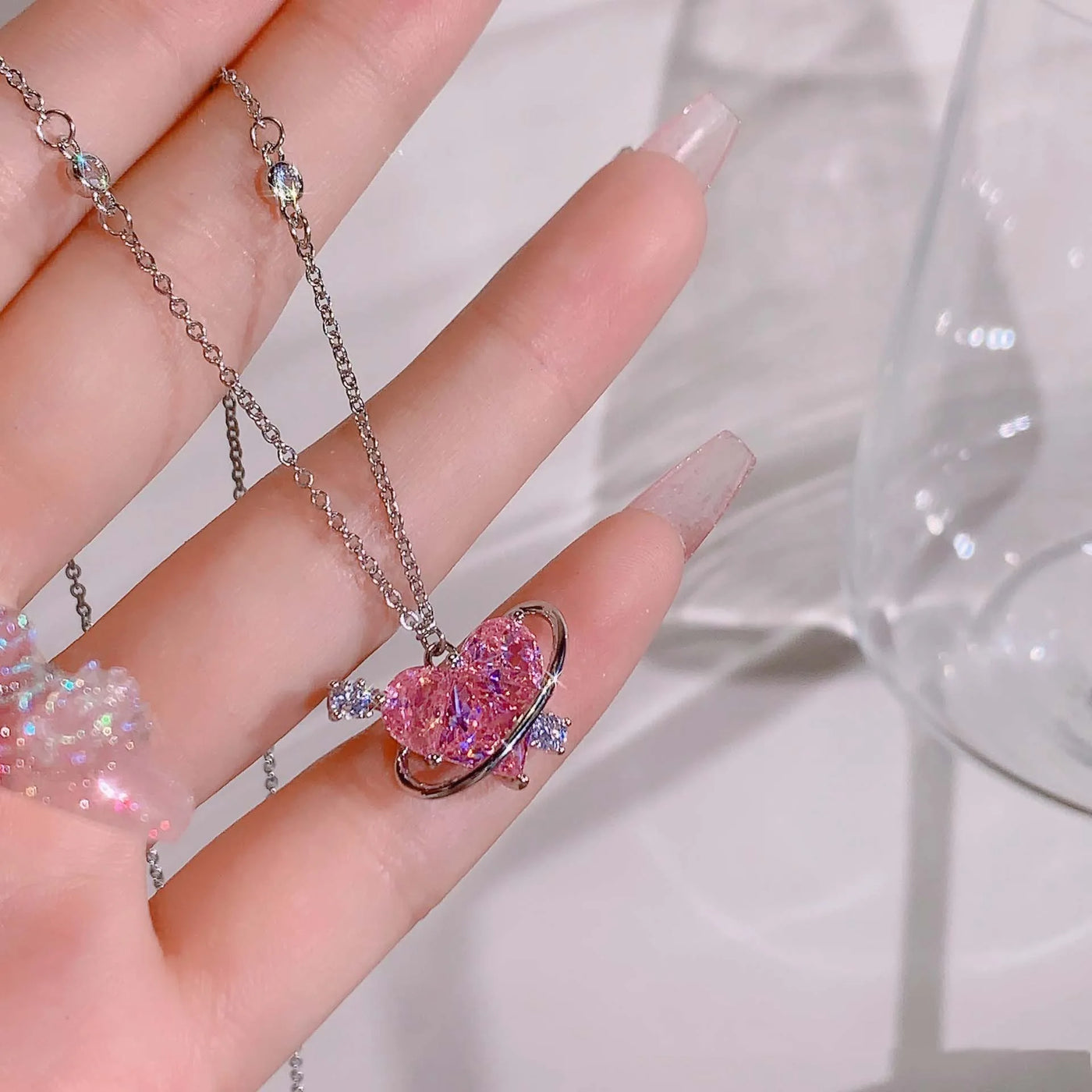 Pink Crystal Heart Bow Tie Pendant Necklace