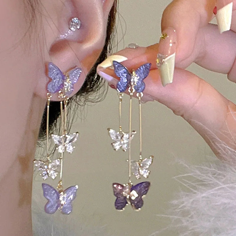 Purple Butterfly Long Tassel Earrings