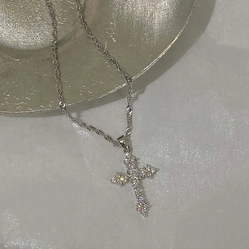 Shiny Crystal Zircon Cross Pendant Necklace